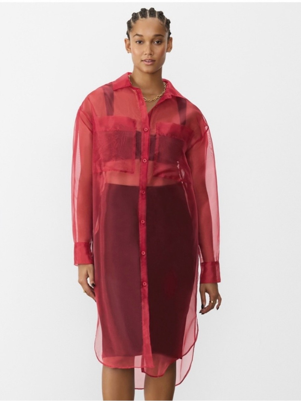 GSTQ NWT Sz Med Sheer Layering Button Front Shirt Dress/ Tunic